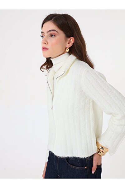 Benin Zipper Detailed Soft Button Knitwear Cardigan - Ecru - Benin