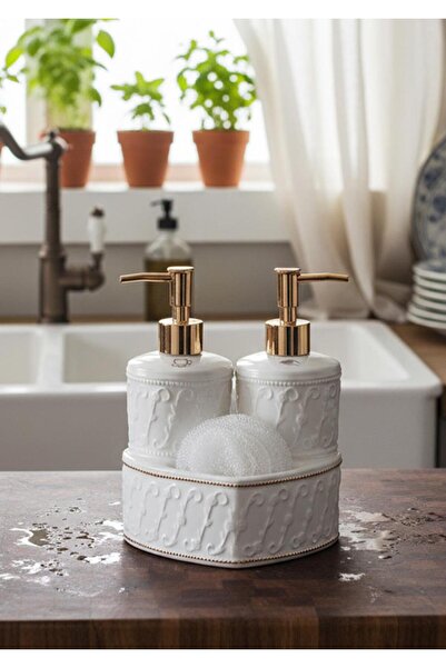 HomeTarz Mundo Porselen Sıvı Sabunluk Seti-2x300 ML Kalpli