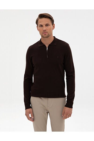 Pierre Cardin Dark Brown Slim Fit Zippered Polo Collar Basic Knitwear Sweater...