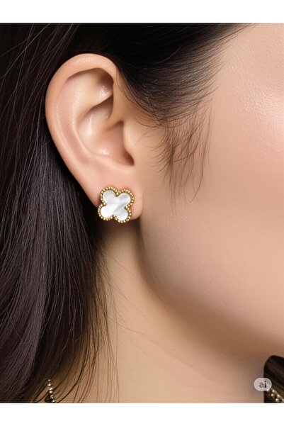 magische Gold Renk Beyaz Taşlı Yonca Model Kadın Küpe