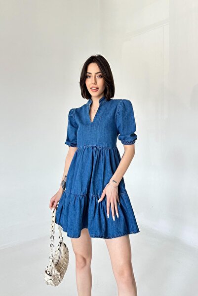 XRAY JEANS Kadın Yazlık V Yaka Pamuklu Kot Mavi Mini Elbise