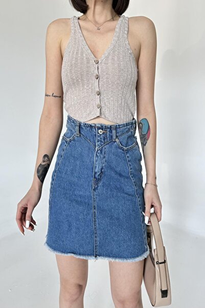 XRAY JEANS Kadın JeansVibe Cepli Düğmeli Pamuklu Mavi Kot Mini Etek