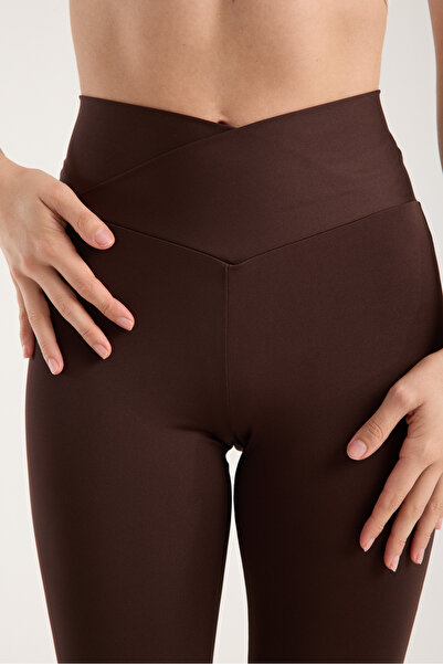 TREND34 Dámské sportovní legíny Recovery Size 1 zeštíhlující hnědé s vysokým pasem s překříženým páskem