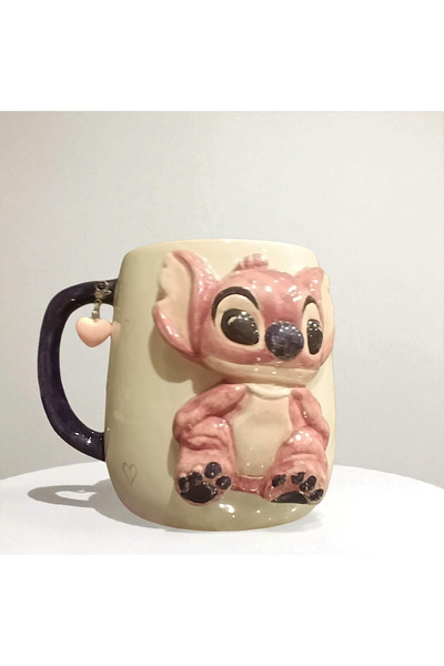 Boni Bon Collection Design 3D Kabartmalı Stitch Kalp veya Adınızın ilk Harfi Charm HEDİYELİ El Yapımı Seramik Kupa