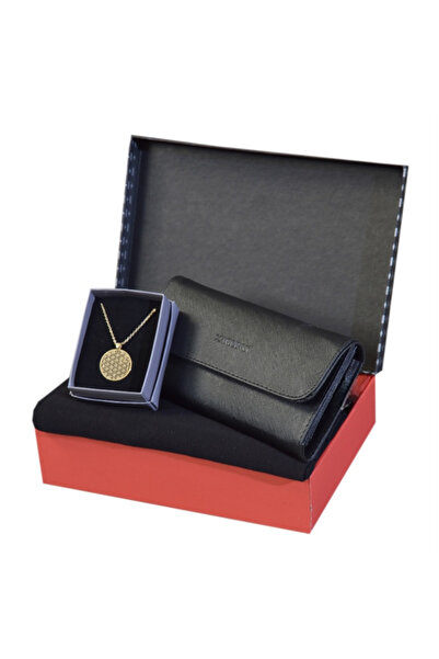 Carlino Women's Gift Black Combed Cotton Shawl Carlino Wallet and Steel Flower of Life Necklace