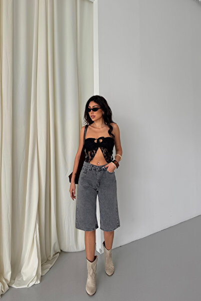 XRAY JEANS Women's High Waist Midi Knee Length Smoked Denim Shorts with Pockets