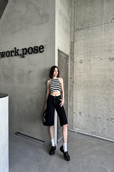 XRAY JEANS Kadın Yüksek Bel Bol Diz Boy Cepli Siyah Kot Şort