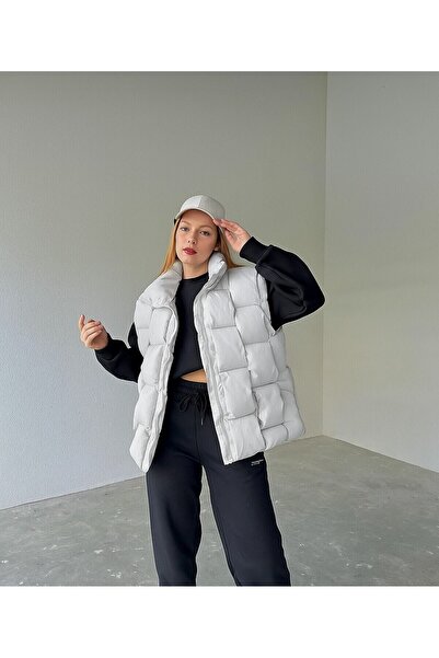 MODA Vestă pufă cu guler înalt pentru femei, vestă pufă cu guler înalt, vestă pufă scurtă cu fermoar și guler înalt