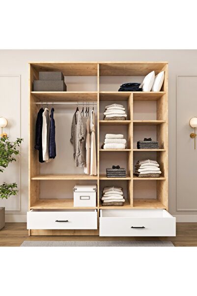 ASES Mobilya Esl0271 Geniş Gardırop Elbise Dolabı 4 Kapaklı Bol Raflı 2 Çekmeceli Modüler Dolap