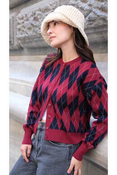 Butik Una Fiaba-Bordo Crew Neck Argyle Patterned Women's Buttoned Knit Cardigan