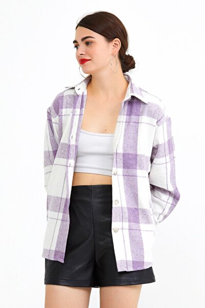 XRAY JEANS Kadın Ekose Desenli Önü Düğme Lila Oduncu Gömlek
