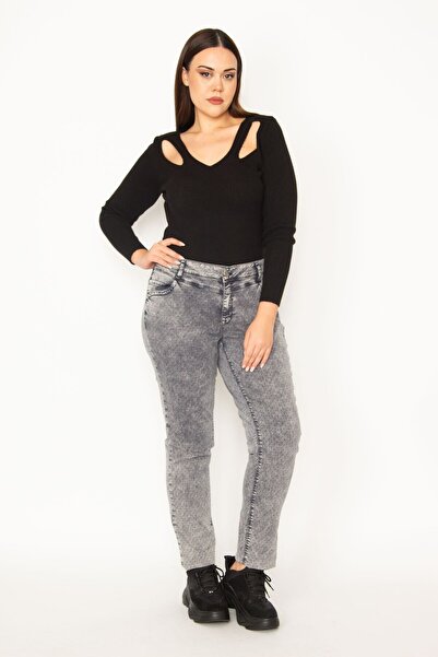 Şans Women's Large Size Gray Batik Nope Patterned 5 Pocket Lycra Jeans 65n30906