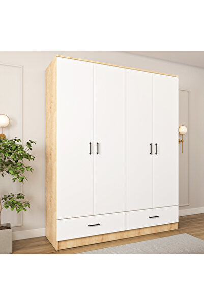 ASES Mobilya Esl0271 Geniş Gardırop Elbise Dolabı 4 Kapaklı Bol Raflı 2 Çekmeceli Modüler Dolap