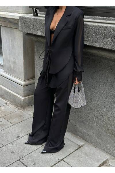 Friday Mood Women's Black Tulle Detailed Pants Jacket Set