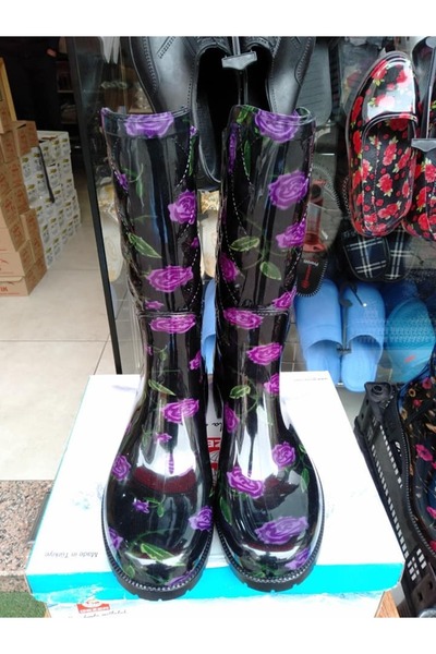 ARISAN Cizme de ploaie lungi și florale negre de damă