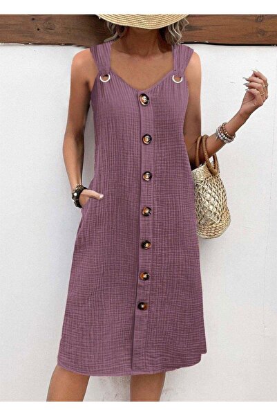 MODA Γυναικείο λουλουδάτο φόρεμα με λουράκι V λαιμόκοψη με κουμπί μπροστά