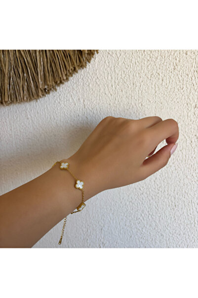 Lluvia Aksesuar Altın Renk Beyaz Yonca Çelik Bileklik Sevgiliye Hediye Arkada...