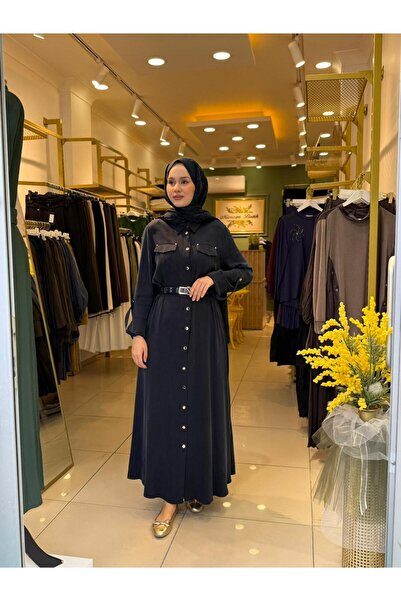 Nuss 2002 Vegan Kumaş Kemerli Elbise Lacivert