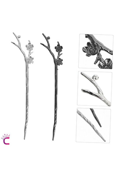 Cinderella Dal Tasarım Çiçekli Japon Topuz Tokası 18cm Gümüş Renk - Vintage Kadın Metal Saç Çubuk Topuz Tokası