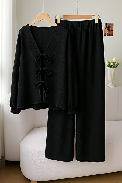 WEEST MODA Černá košile s dlouhým rukávem na šněrování a kalhoty – souprava (top a kalhoty)