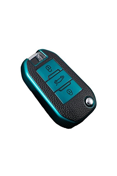 OEM Husă cheie briceag, verde cu inserții din piele pentru Peugeot/Citroën