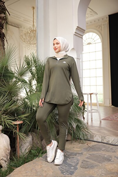 MİMİ Luxury Wear Haki Kadın Fermuarlı Dalgıç Kumaş Standart Kalıp Jogger Eşofman Takımı