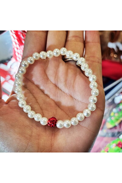 Wild Bracelets Elastic Martisor bracelet with mother-of-pearl acrylic beads and red shamballa bead