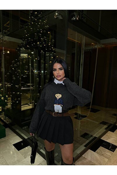 LB Laluna Butik Γυναικεία σκούρα γκρι ζώνη με λεπτομέρεια πλισέ φούστα με εσωτερική φόδρα και σορτς