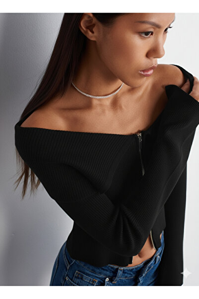 Dilvin 60252 Bardot Collar Zippered Knitwear Cardigan-Black