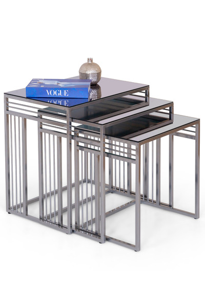 Mobievim Milano 3’lü Füme Cam Zigon Sehpa Takımı – Gümüş Metal Ayaklı Modern ...