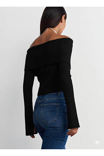 Dilvin 60252 Bardot Collar Zippered Knitwear Cardigan-Black