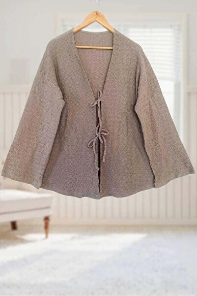 Aişe tesettür Stone Color Tie-Front Kimono Tunic / Lycra Iron-Free Fabric