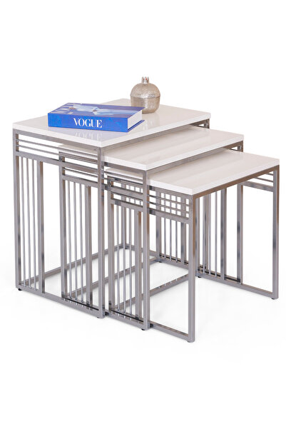 Mobievim Milano 3’lü Krem Üst Tabla Zigon Sehpa Takımı – Gümüş Metal Ayaklı M...