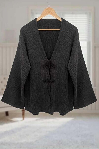 Aişe tesettür Anthracite Wrinkled Front Tie-Up Kimono Tunic / Lycra Iron-Free Fabric