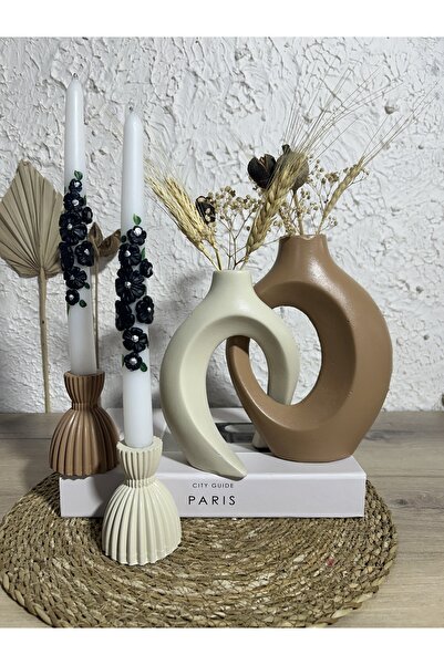 Zigzag Home Διακοσμητικό σετ βάζων 4 τεμαχίων, σετ 2 τεμαχίων Lover Ivy, σετ 2 τεμαχίων με κεριά, Κρέμα καφέ