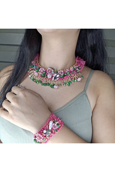 azra takı tasarım El yapımı,kadın, yaka kolye ve bileklik takım,iğne oyalı kr...