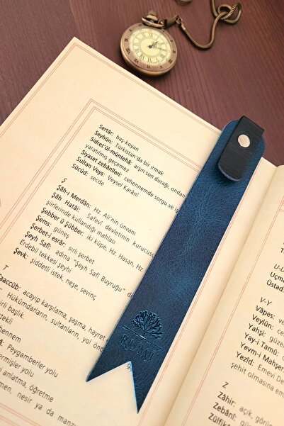 Rumi Deri İsme Özel Kişileştirilebilir Hakiki Deri Kitap Ayracı Mavi