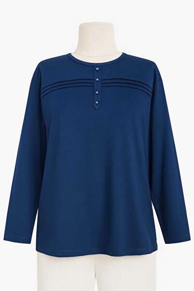 Nacar Moda ملابس ليكرا للنساء في منتصف العمر وما فوق للفصول الأربعة Prl. بلوزة مصنوعة من القطن الممشط باللون الأزرق للموسم الجديد مخططة