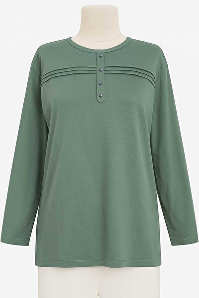 Nacar Moda Γυναικεία μπλούζα ελαστικό ύφασμα για μεσήλικες και ηλικίες ηλικίας τέσσερις εποχές, πράσινη μπλούζα από χτενισμένο βαμβάκι, νέα σεζόν, ριγέ