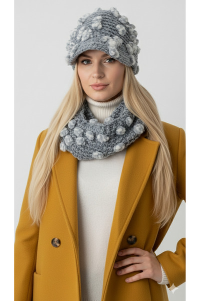 drt tasarım Uzun Atkı Kasket Şapka Takım Ponponella Lüks Seri Gri Beyaz