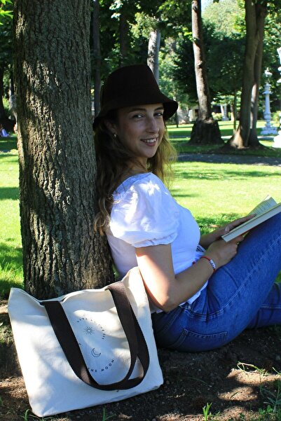 Sofist İstanbul Καμβάς τσάντα ώμου Καφέ βαμβακερή κολόνα λαβή και εμπριμέ μεσαίου μεγέθους μπεζ πάνινη τσάντα ώμου