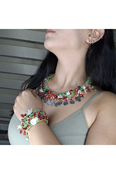 azra takı tasarım El yapımı Mercan kırıktaş,kristal,iğne oyalı,otantik etnik bohem kadın kolye bileklik takım