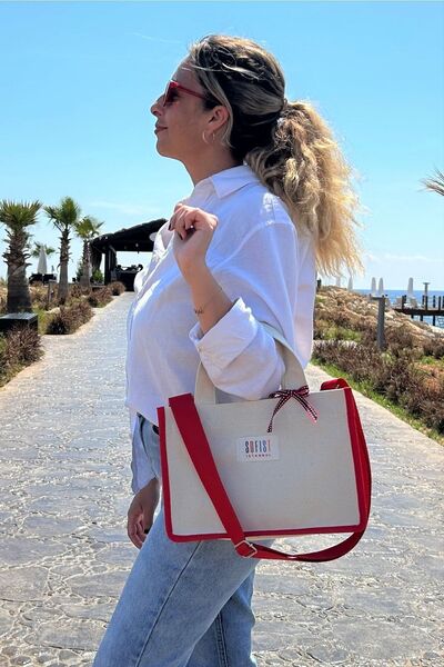 Sofist İstanbul Red & Ecru Canvas Balat Tote Bag Adjustable Strap Women's Hand and Shoulder Bag
