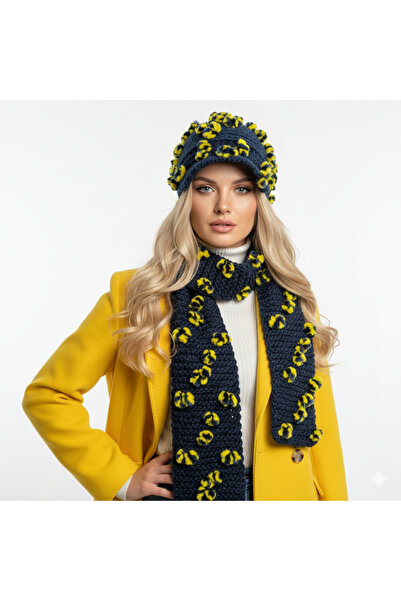 drt tasarım طقم قبعة وشاح طويل من سلسلة بونبونيلا الفاخرة باللون الأصفر والأز...