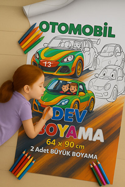 Pembe Yayınevi Poster Boyama - Çocuklar İçin Dev Boyama Rulosu - Araba Desenli