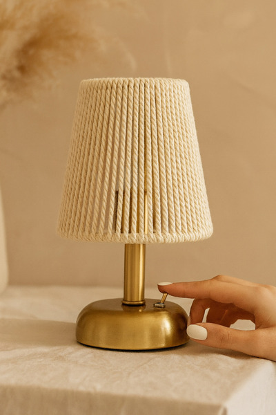 Bubihome Kablosuz Pilli Masa Lambası, Makrome Abajur , Gold Gövde El Yapımı M...