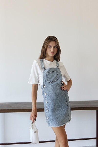 XRAY JEANS Women's Side Buttoned Skirt with Pockets Blue Denim Salopet