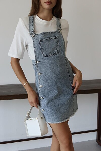 XRAY JEANS Women's Side Buttoned Skirt with Pockets Blue Denim Salopet