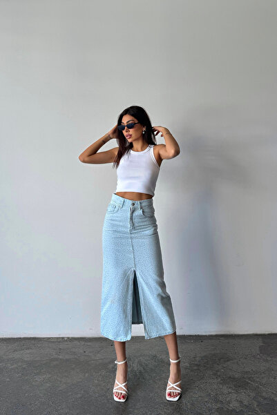 XRAY JEANS Fusta de denim lungă, strânsă, albastru gheață, cu fantă de piatră