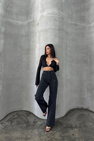 XRAY JEANS Kadın Taşlı Bol Paça Siyah Palazzo Kot Pantolon
